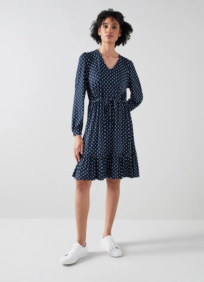 LK Bennett Everly Navy And Cream Key Print Lenzing Ecovero Viscose Dress Women Dresses