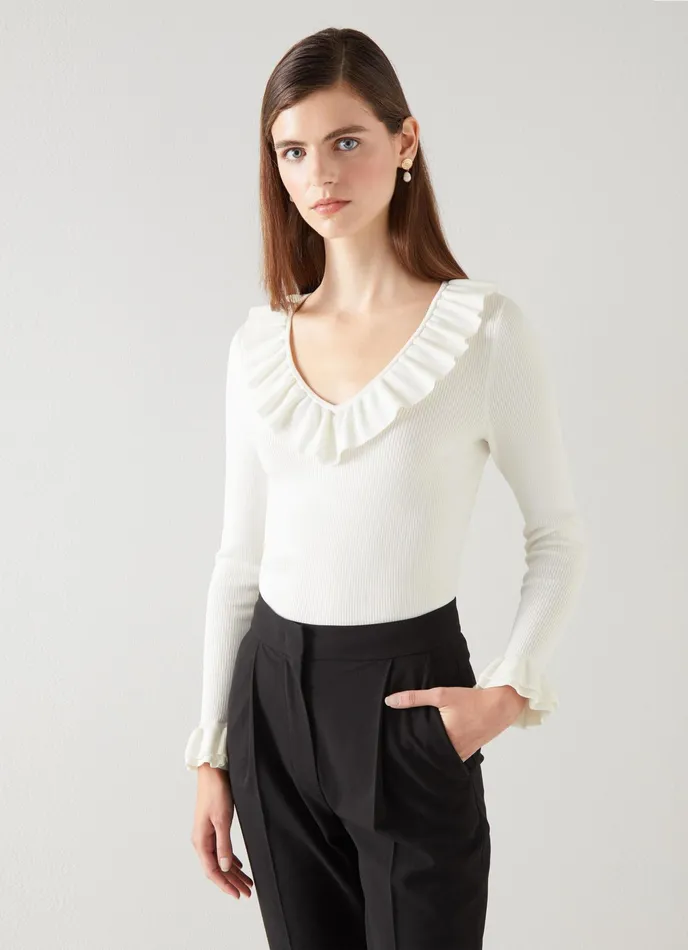 LK Bennett Grace Ivory Rib Knit Frilled Jumper Women Knitwear