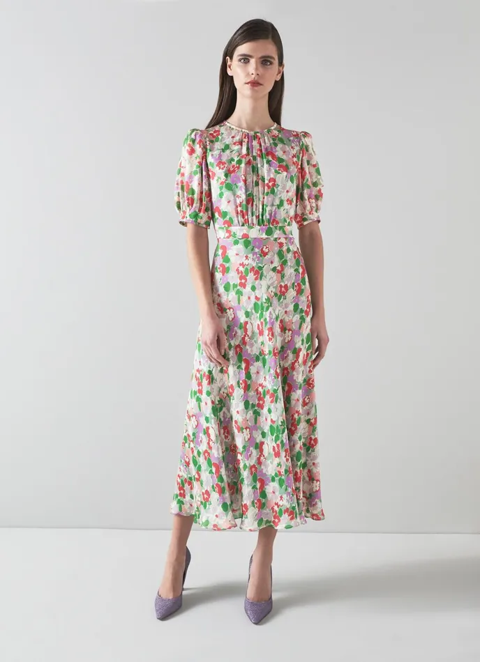 LK Bennett Jemima Watercolour Floral Print Silk OpenBack Dress Women Dresses