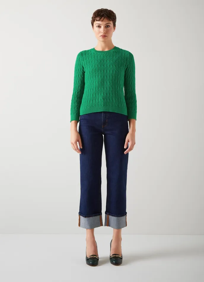 LK Bennett Keaton Green Cotton OpenWeave Jumper Women Knitwear