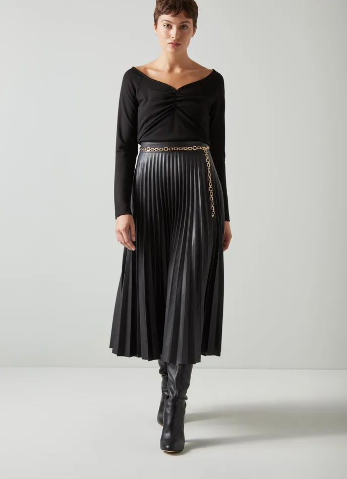 LK Bennett Laurie Black Faux Leather Pleated Skirt Women Skirts