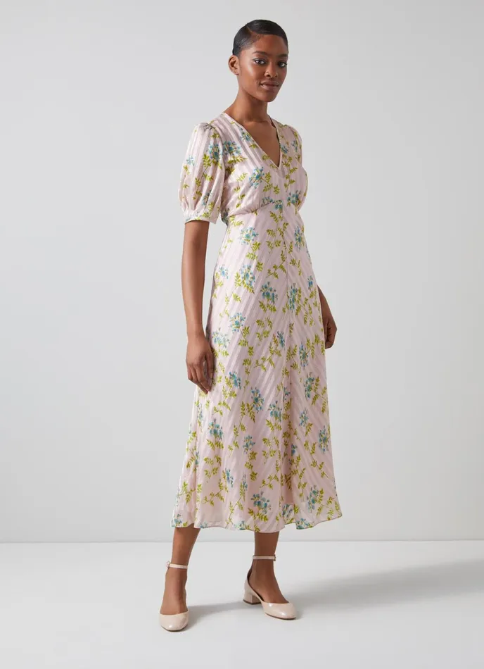 LK Bennett Leith Cream Valerian Flower Silk Metallic Stripe Dress Women Dresses