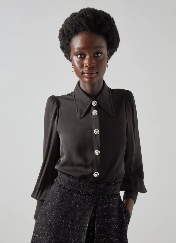 LK Bennett Sonya Black Crepe Crystal Button Blouse Women Tops