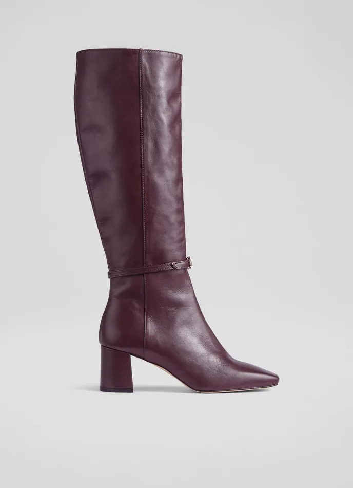 LK Bennett Sylvia Bordeaux Leather BuckleDetail KneeHigh Boots Women Boots