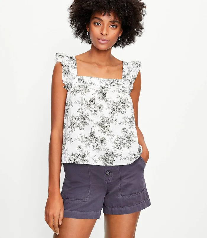 LOFT Bouquet Ruffle Sleeve Square Neck Shell Whisper White Women Tops
