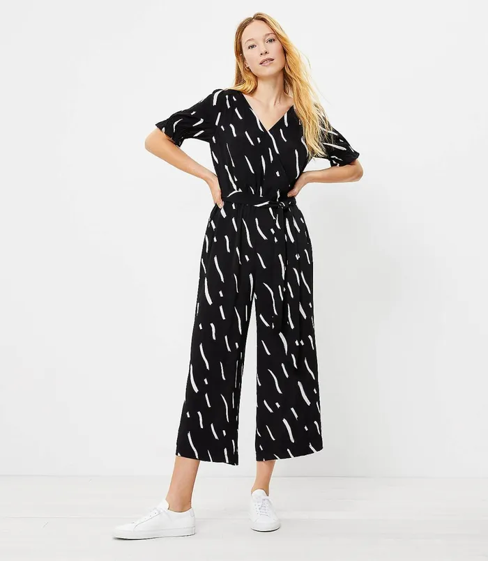 LOFT Brushstroke Wrap Jumpsuit Black Women Little Black Dresses