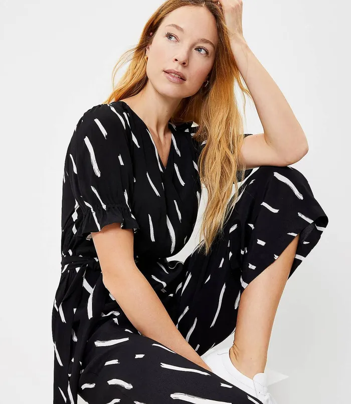 LOFT Brushstroke Wrap Jumpsuit Black Women Little Black Dresses