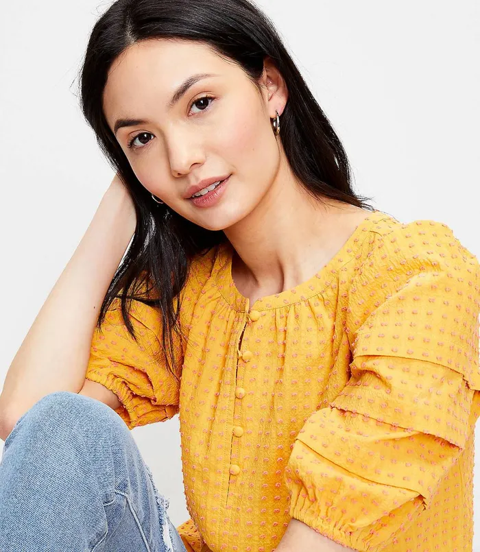 LOFT Clip Pintucked Puff Sleeve Top Warm Papaya Women Tops