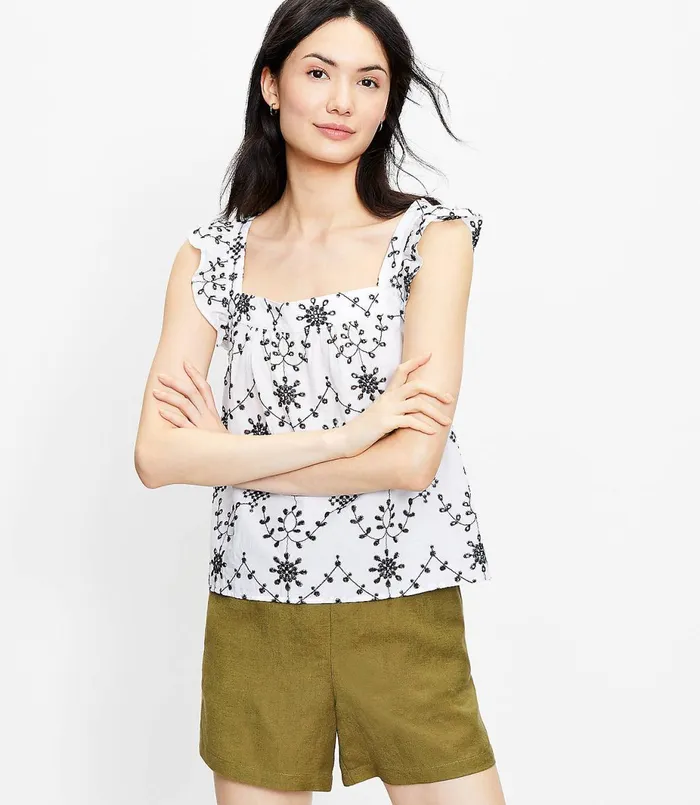 LOFT Eyelet Ruffle Shoulder Shell White Women Tops