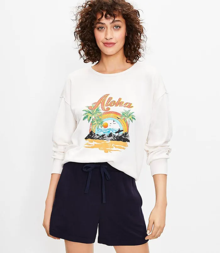 LOFT Lou and Grey Aloha Cozy Cotton Terry Sweatshirt Whisper White Women Petite Tees