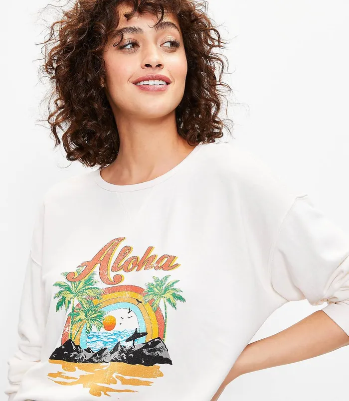 LOFT Lou and Grey Aloha Cozy Cotton Terry Sweatshirt Whisper White Women Petite Tees