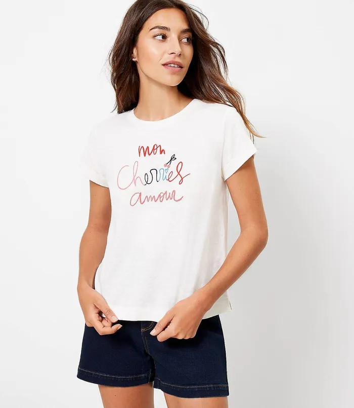 LOFT Mon Cherries Amour Everyday Crew Tee Whisper White Women Tees