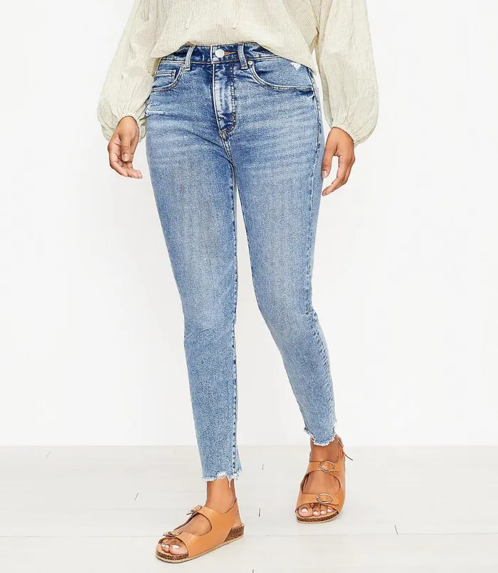 LOFT Petite Curvy Frayed High Rise Skinny Ankle Jeans In Pure Mid Indigo Wash Pure Mid Indigo Wash Women Petite Jeans