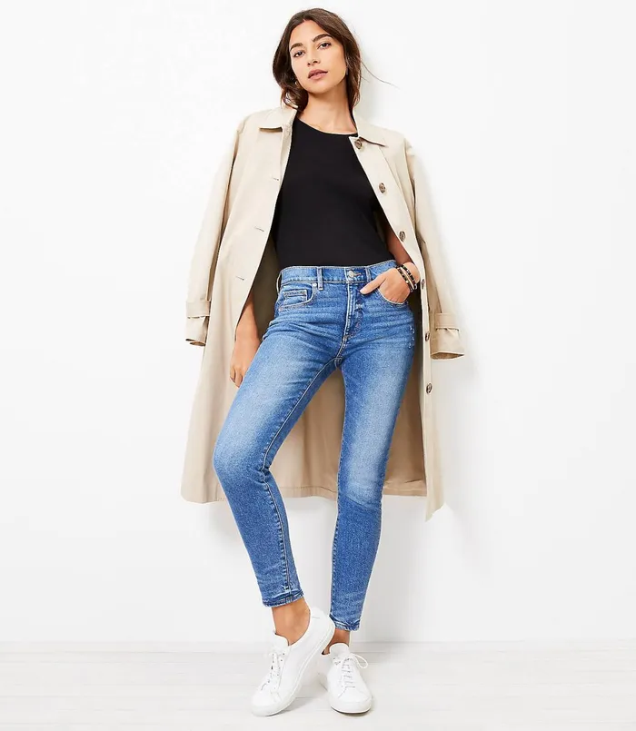 LOFT Petite Curvy Frayed High Rise Skinny Ankle Jeans In Pure Mid Indigo Wash Pure Mid Indigo Wash Women Petite Jeans