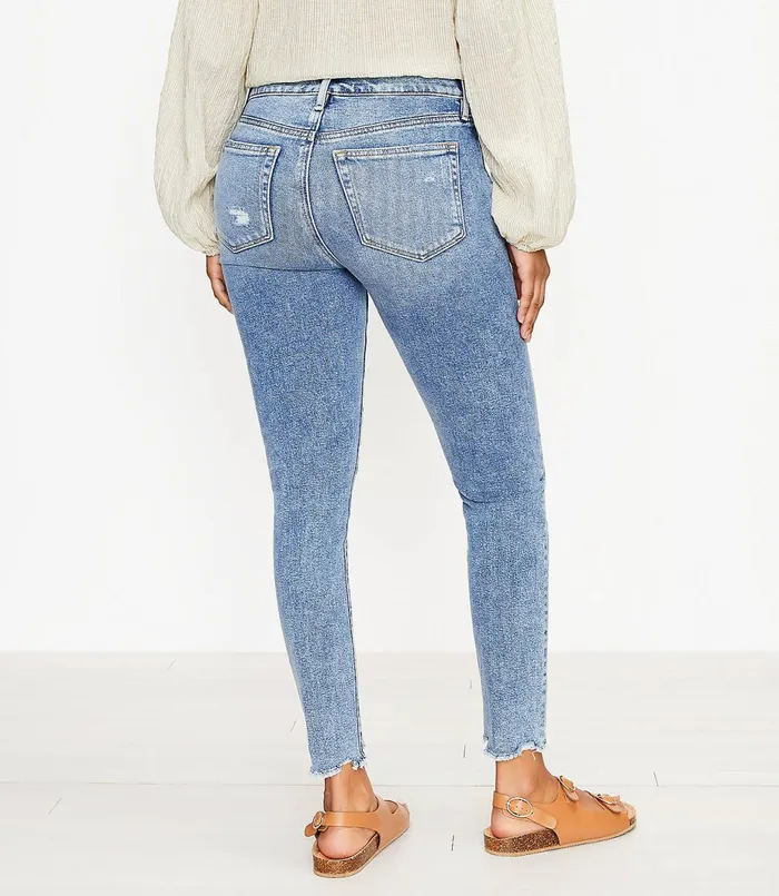 LOFT Petite Curvy Frayed High Rise Skinny Ankle Jeans In Pure Mid Indigo Wash Pure Mid Indigo Wash Women Petite Jeans
