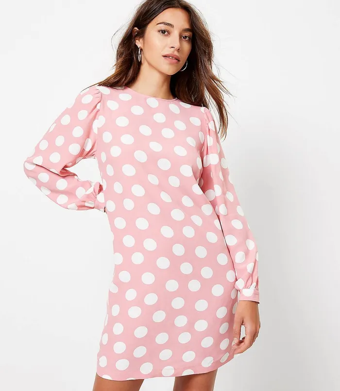 LOFT Petite Dotted Balloon Sleeve Swing Dress Black Women Petite Dresses