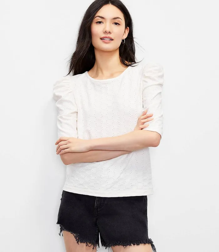 LOFT Petite Eyelet Puff Sleeve Tee Whisper White Women Petite Tees