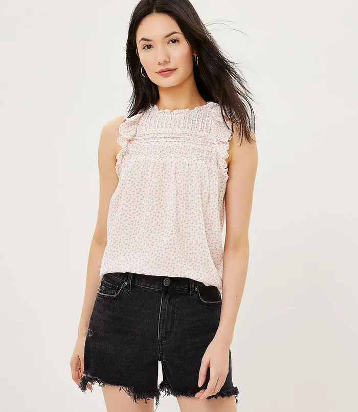 LOFT Petite Flecked Pintucked Ruffle Shell Whisper White Women Petite Tops