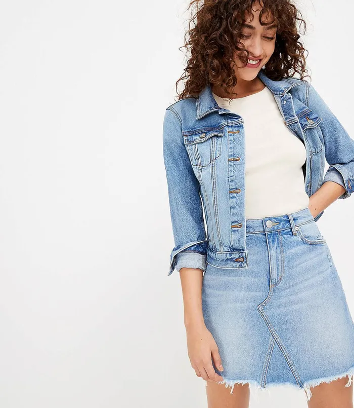 LOFT Petite Frayed Denim Shift Skirt Dark Rinse Women Petite Skirts