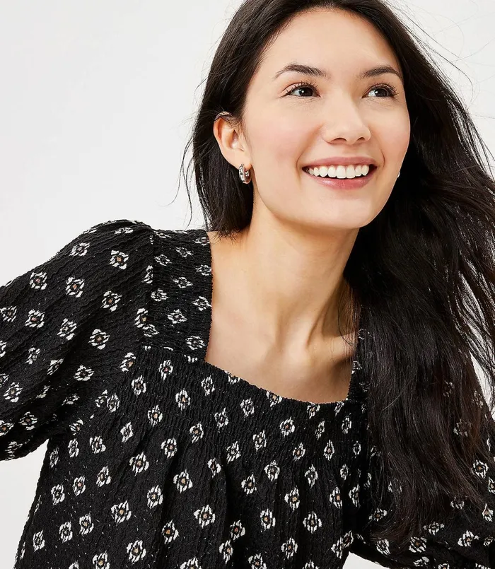 LOFT Petite Puff Sleeve Square Neck Top Black Women Petite Tops
