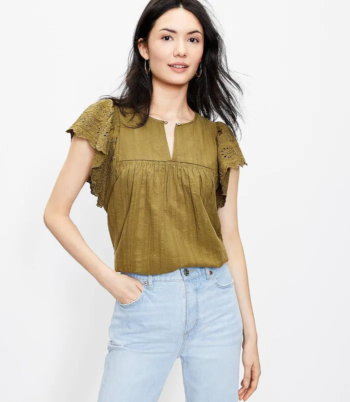 LOFT Petite Scalloped Eyelet Top Dark Kiwi Green Women Petite Tops