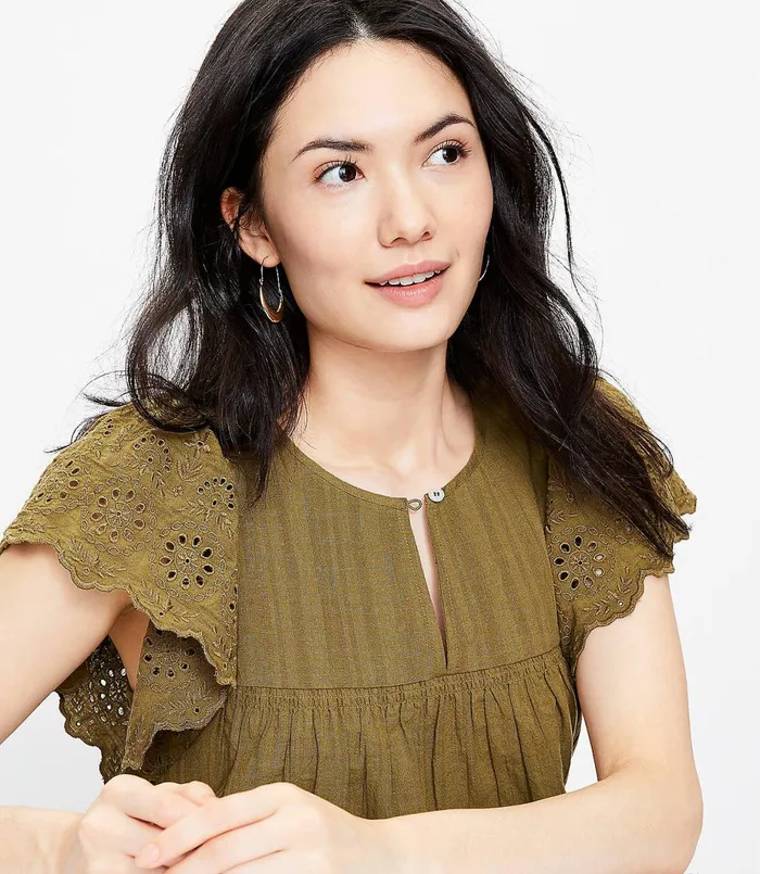 LOFT Petite Scalloped Eyelet Top Dark Kiwi Green Women Petite Tops