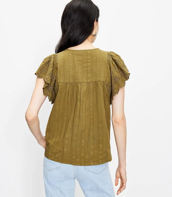 LOFT Petite Scalloped Eyelet Top Dark Kiwi Green Women Petite Tops
