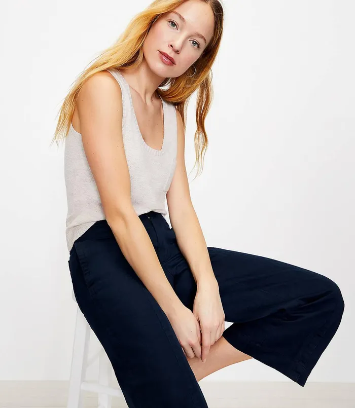 LOFT Petite Seamed Twill Wide Leg Crop Pants Forever Navy Women Petite Pants