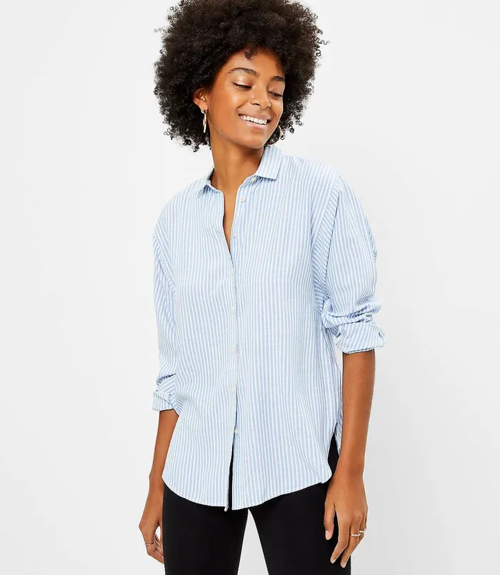 LOFT Petite Striped Relaxed Shirt White Women Petite Tops