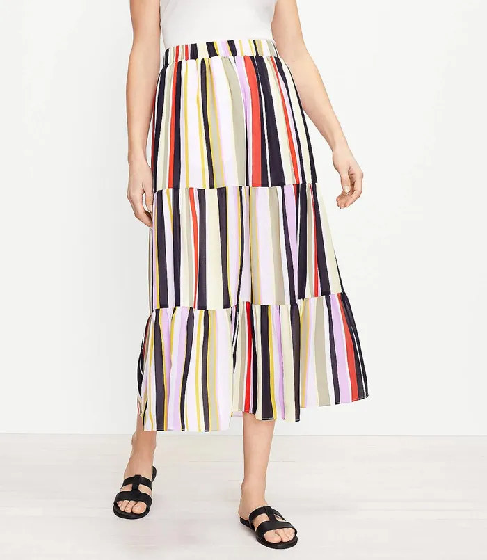 LOFT Petite Striped Tiered Pocket Maxi Skirt Forever Navy Women Petite Skirts