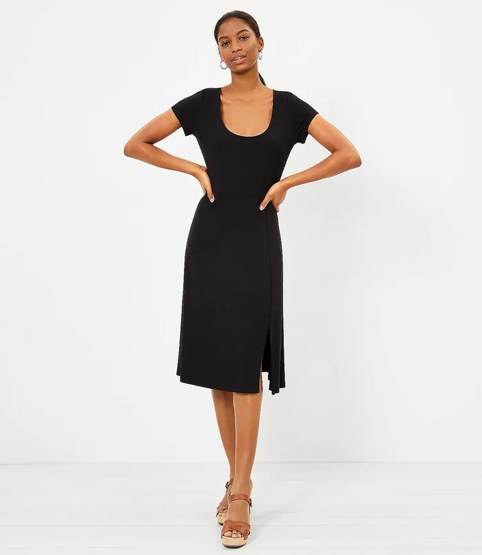 LOFT Scoop Neck Flare Dress Black Women Petite Dresses