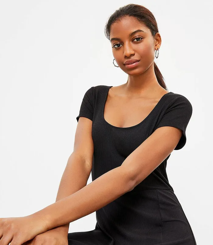 LOFT Scoop Neck Flare Dress Black Women Petite Dresses
