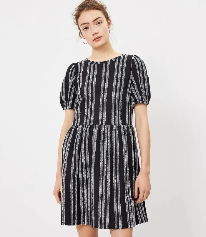 LOFT Striped Puff Sleeve Swing Dress Black Women Swing Dresses
