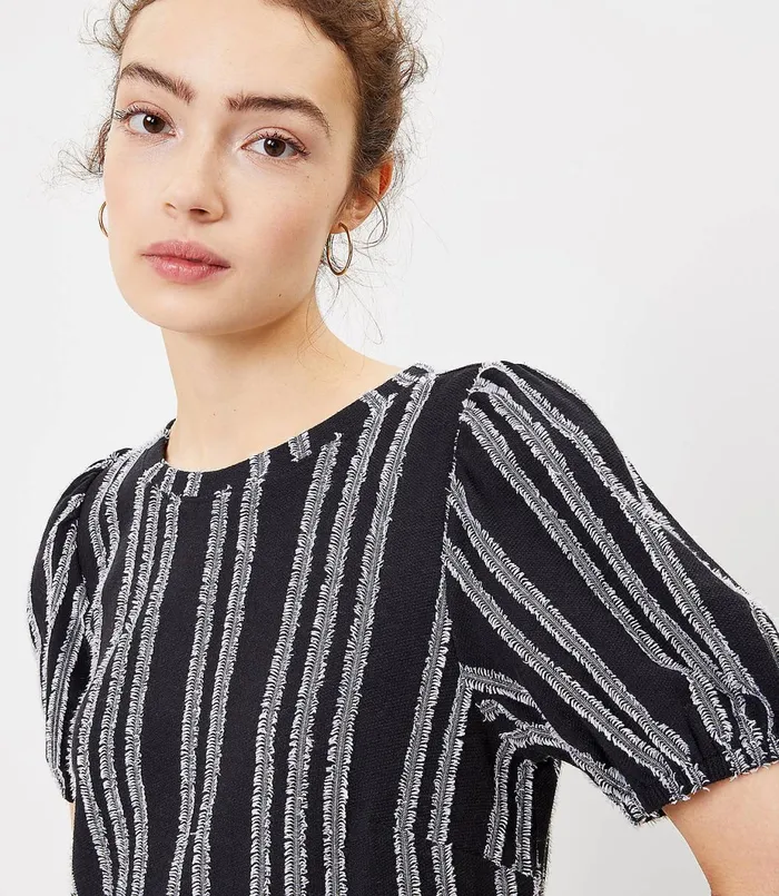 LOFT Striped Puff Sleeve Swing Dress Black Women Swing Dresses