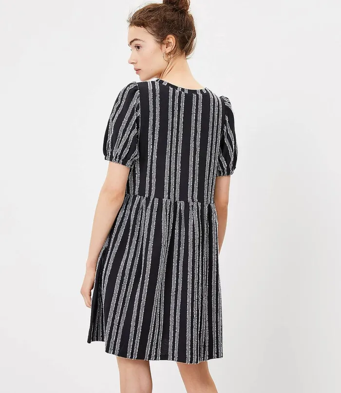 LOFT Striped Puff Sleeve Swing Dress Black Women Swing Dresses
