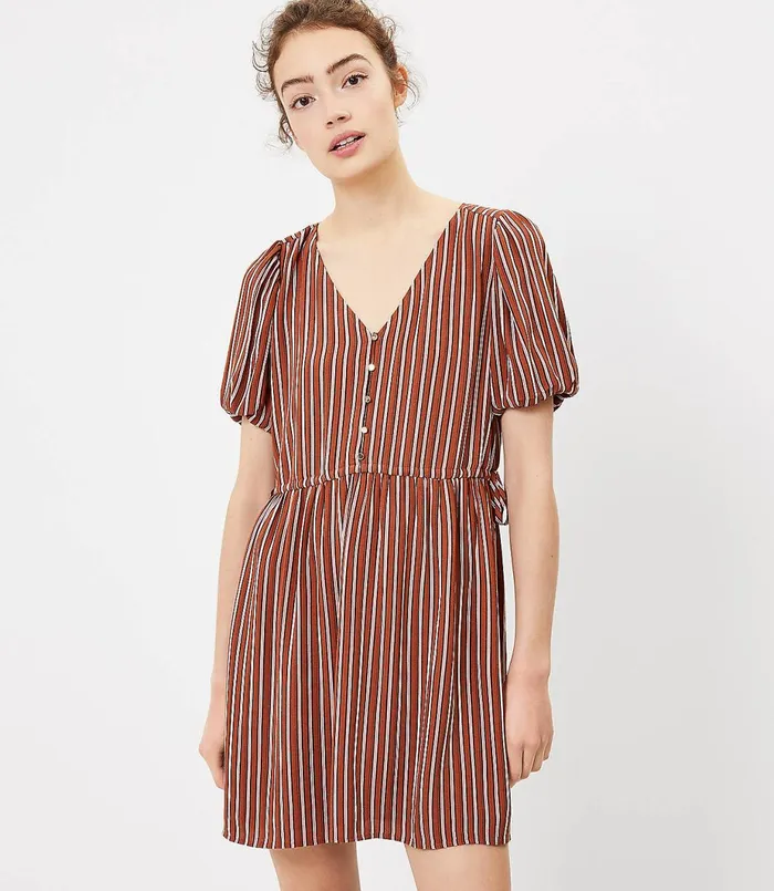LOFT Striped Side Tie Flare Dress Rust Women Fit and Flare Dresses
