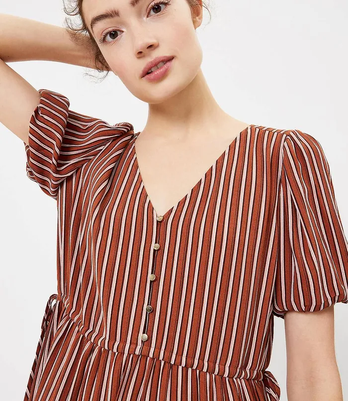 LOFT Striped Side Tie Flare Dress Rust Women Fit and Flare Dresses