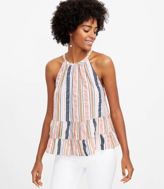 LOFT Striped Tiered Halter Cami Whisper White Women Tops