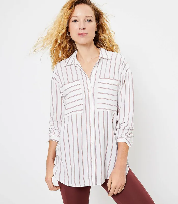 LOFT Striped Tunic Shirt White Women Tops