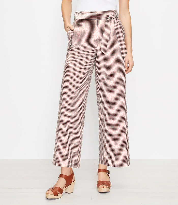LOFT Tie Waist Pull On Wide Leg Pants In Gingham Rust Women Pants