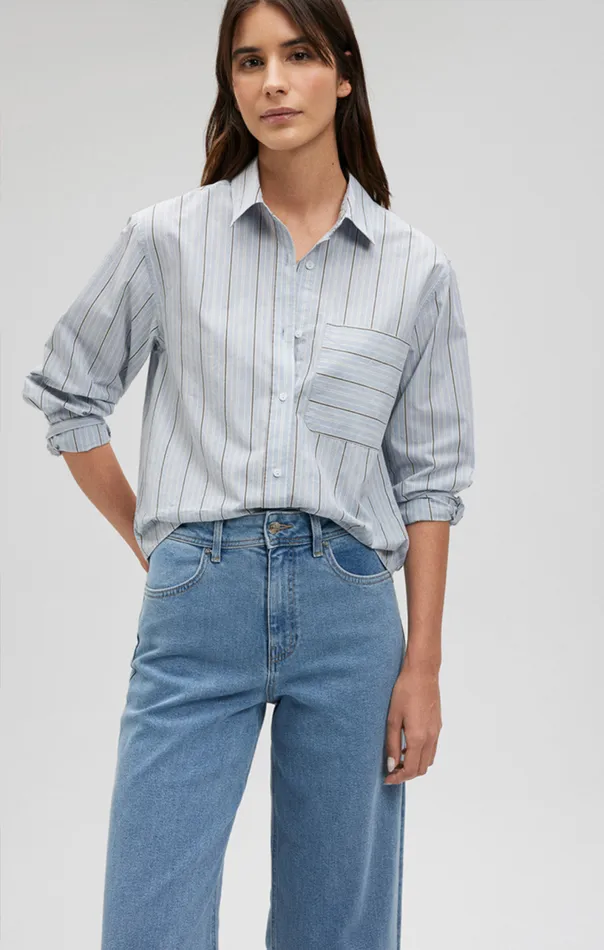 Long Sleeve Pocket Shirt In Blue Stripe Women Mavi Jeans Shirts