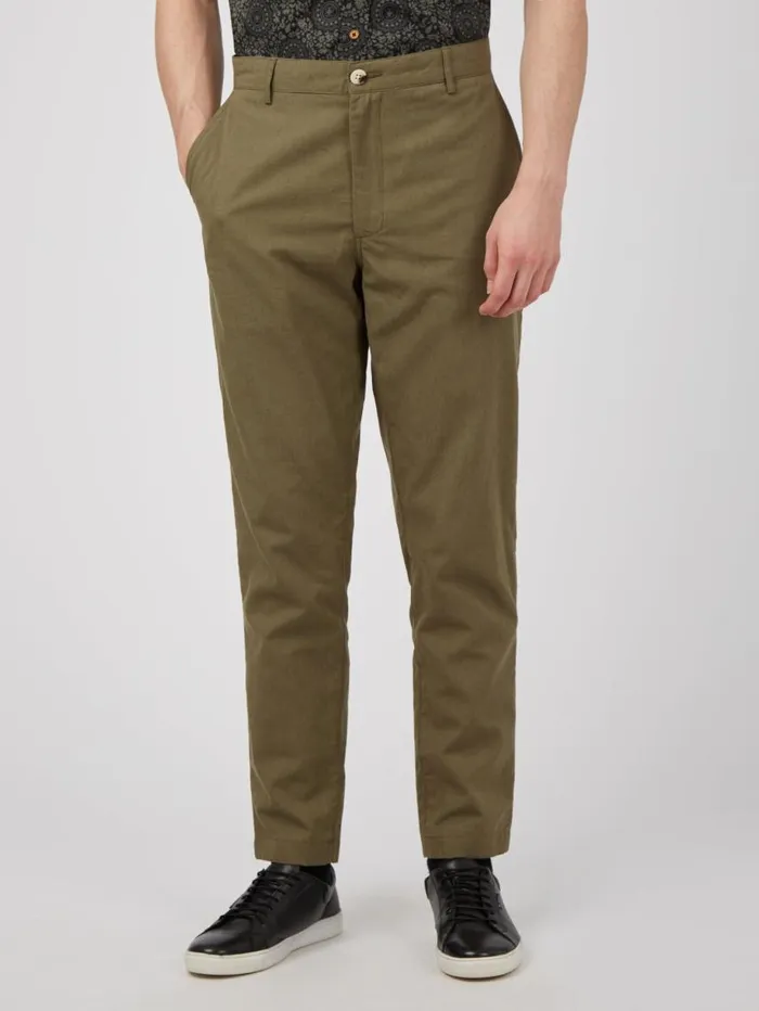 Men Ben Sherman Pants and Chinos Linen Blend Slim Taper Trouser 8211 Dark Khaki