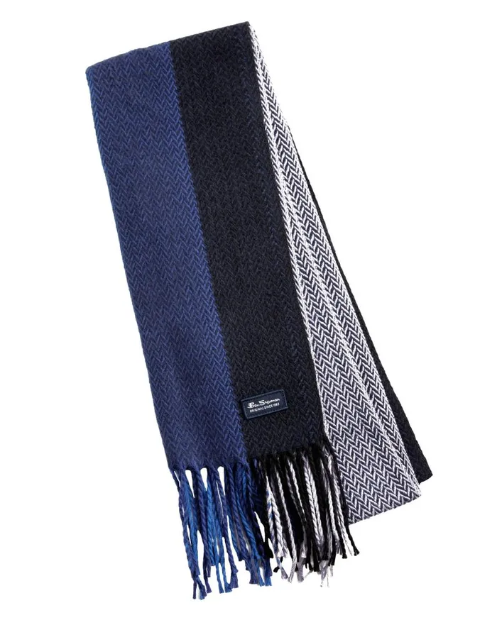 Men Ben Sherman Scarves and Cold Weather Striped Herringbone Scarf 8211 Silver BulletTrue Blue