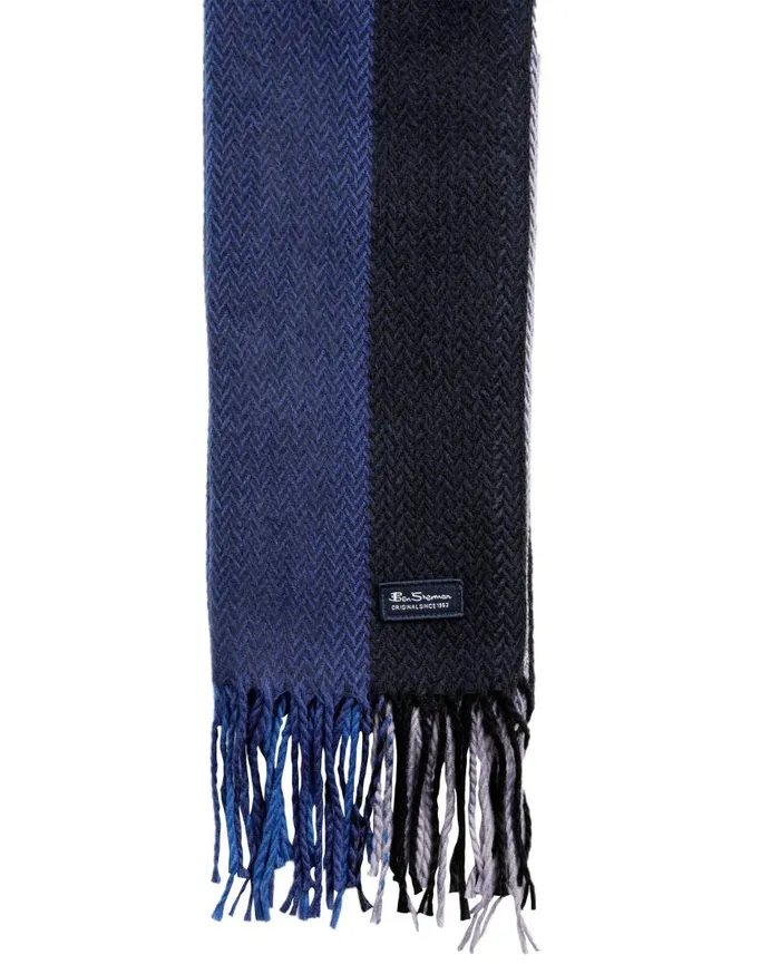 Men Ben Sherman Scarves and Cold Weather Striped Herringbone Scarf 8211 Silver BulletTrue Blue
