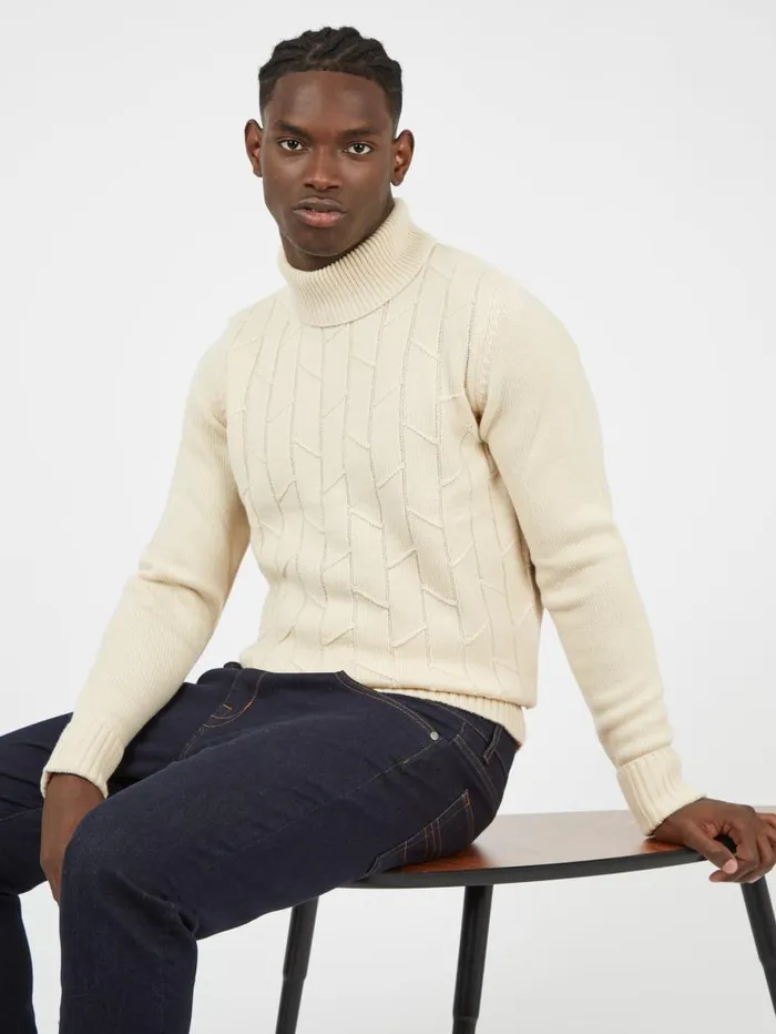 Men Ben Sherman Sweaters and Knits Patterned Knit RollNeck Sweater 8211 Ivory
