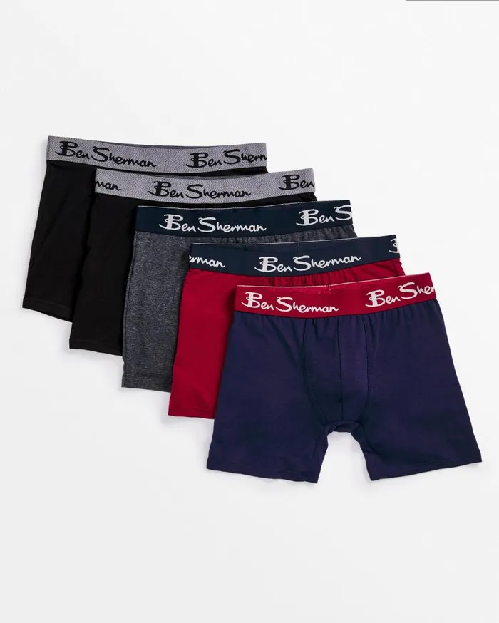 Men Ben Sherman Underwear 5Pack NoFly Cotton Stretch Boxer Briefs 8211 Red Multi