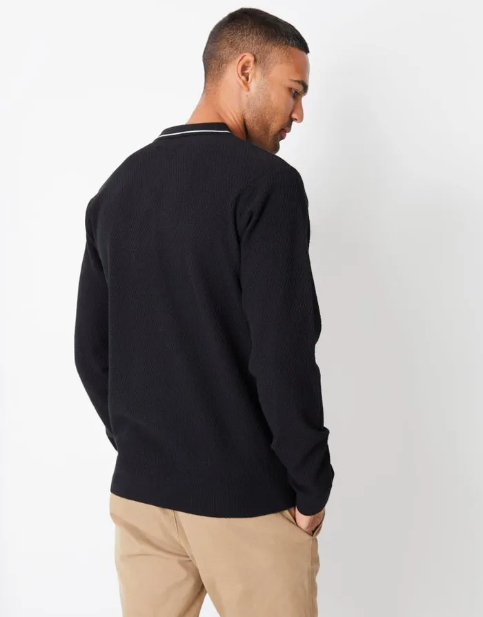 Men Black Textured Knitted Long Sleeve Polo Jumper Threadbare Polo Shirts
