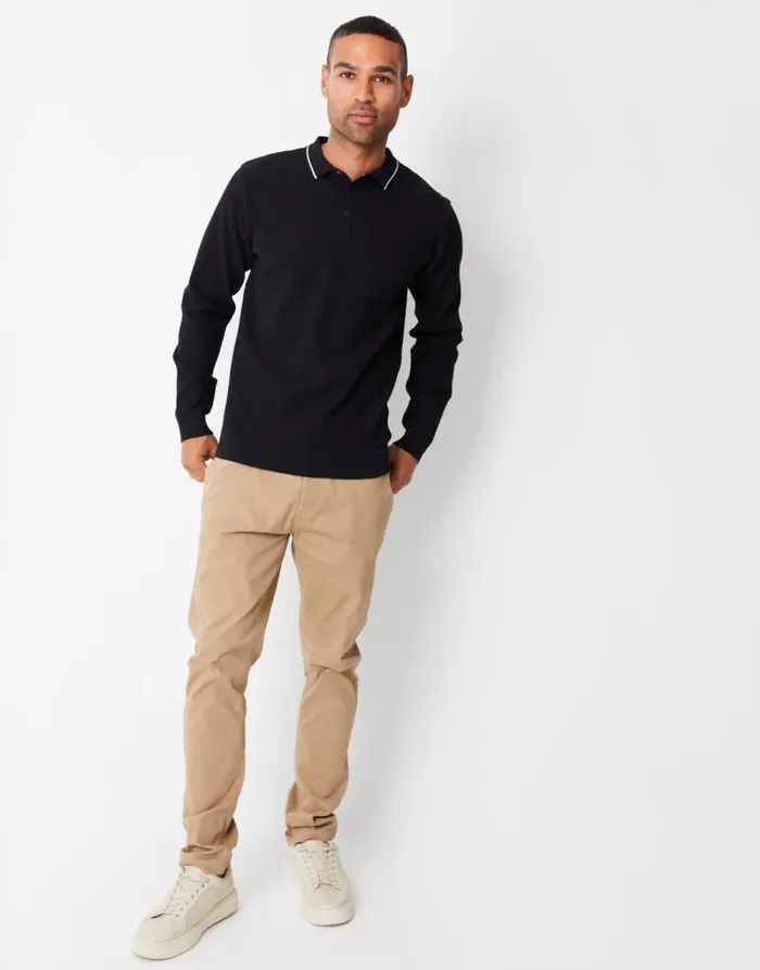 Men Black Textured Knitted Long Sleeve Polo Jumper Threadbare Polo Shirts