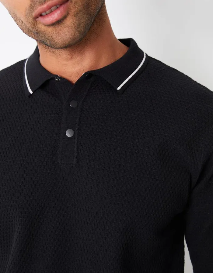 Men Black Textured Knitted Long Sleeve Polo Jumper Threadbare Polo Shirts