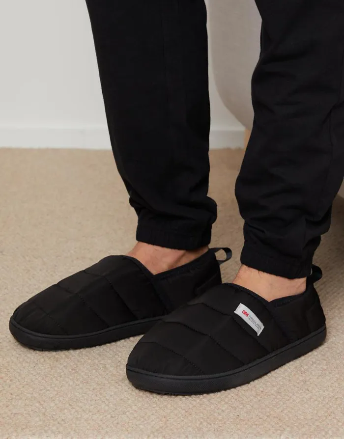 Men Black Thinsulate Padded Winter Mule Slippers Threadbare Slippers